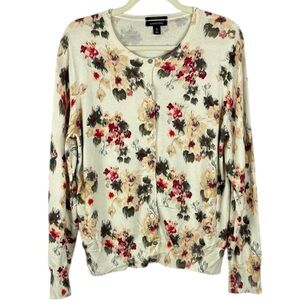 Lands' End Cotton Cream Red Floral Print Long Sleeve Button Front  XL Cardigan
